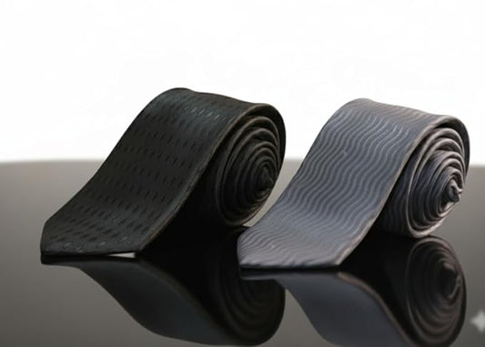 Men’s Dual Pattern Tie Set – Classic Black Textured Tie & Grey Wavy Pattern Formal Necktie Combo | Premium Silk- Look Textured Ties for Business & Events