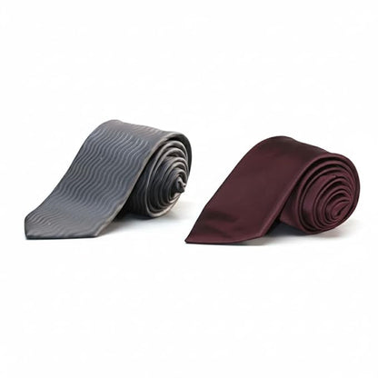 Men’s Formal Tie Set – Premium Grey Wavy Pattern Tie and Solid Maroon Neckties for Office, Party & Wedding | Classic Silk Finish Tie Combo