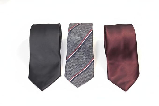 Men’s Premium Tie Set – Formal Neckties for Office, Party & Wedding | Classic Solid Black, Maroon & Grey Striped Tie Combo | Silk Finish Neck Tie Gift Set