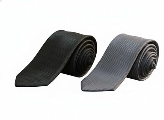 Men’s Dual Pattern Tie Set – Classic Black Textured Tie & Grey Wavy Pattern Formal Necktie Combo | Premium Silk- Look Textured Ties for Business & Events