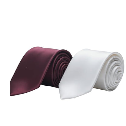 Men’s Classic Tie Combo – Maroon & White Solid Necktie Set | Formal Silk Finish Ties for stylish necktie, Wedding, Office