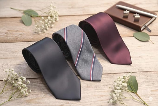 Men’s Premium Tie Set – Formal Neckties for Office, Party & Wedding | Classic Solid Black, Maroon & Grey Striped Tie Combo | Silk Finish Neck Tie Gift Set