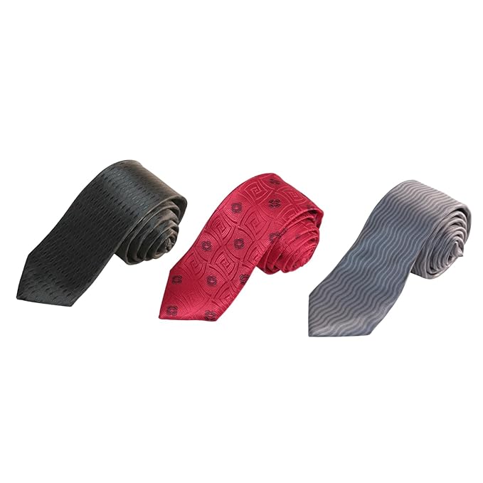 Men’s Premium 3 Tie Combo Set – Black, Red & Grey Designer Ties | Formal Silk Finish Neckties for Office, Wedding | Gift Set for Men