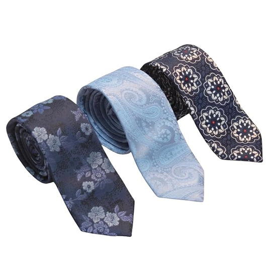 Men’s 3 Tie Combo Set – Blue Shades Designer Neckties with Floral, Paisley & Pattern Prints | Premium Silk Finish Formal Tie Gift Set for Men