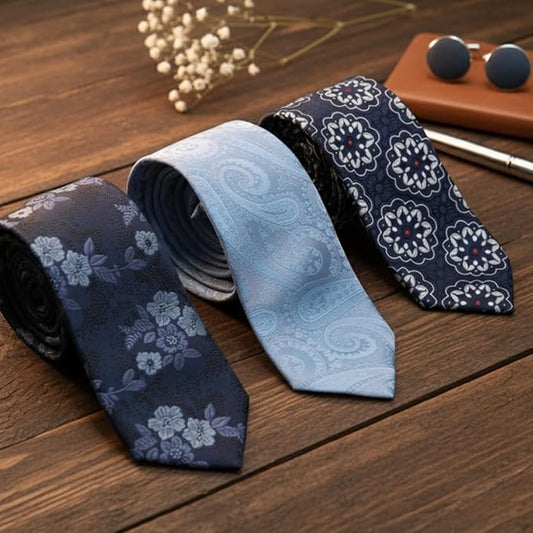 Men’s 3 Tie Combo Set – Blue Shades Designer Neckties with Floral, Paisley & Pattern Prints | Premium Silk Finish Formal Tie Gift Set for Men